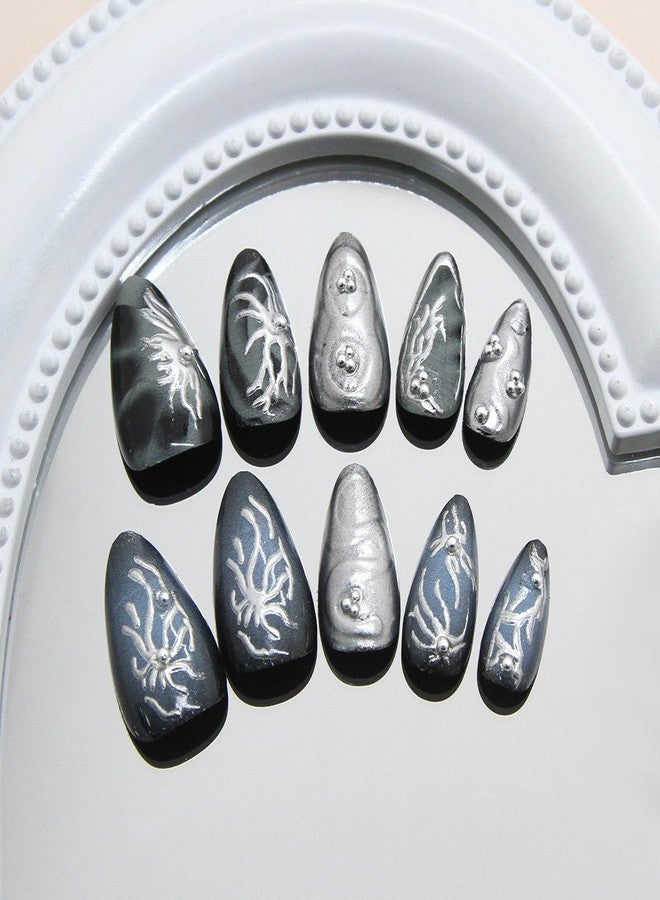 KRTBKR 30Pcs Goth Press on Nails Medium Almond Fake Nails 3D Silver Alloy Chrome Glitter Design Y2k Glue on Nails Full Cover Glue on Nails Reusable Handmade Nails Black False Nails for Women Acrylic Nails - Image 3